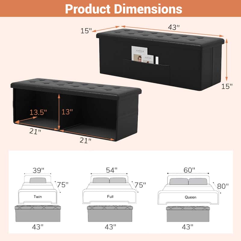 Costway 43 Inches Folding Storage Ottoman Bench with Side Pocket