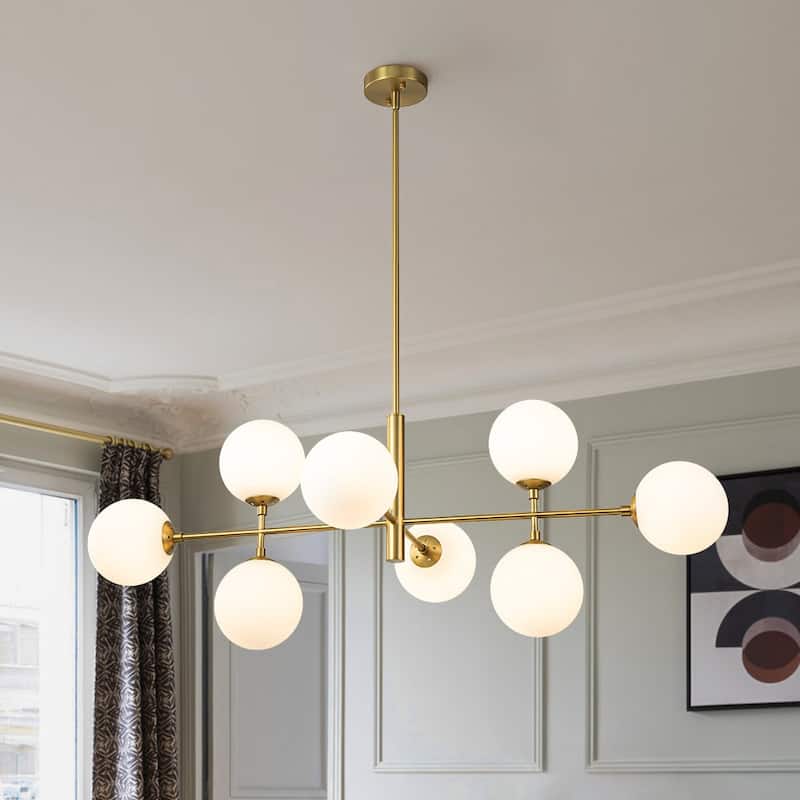 Mid-Century 8-Light Opal Glass Globe Sputnik Island Chandelier