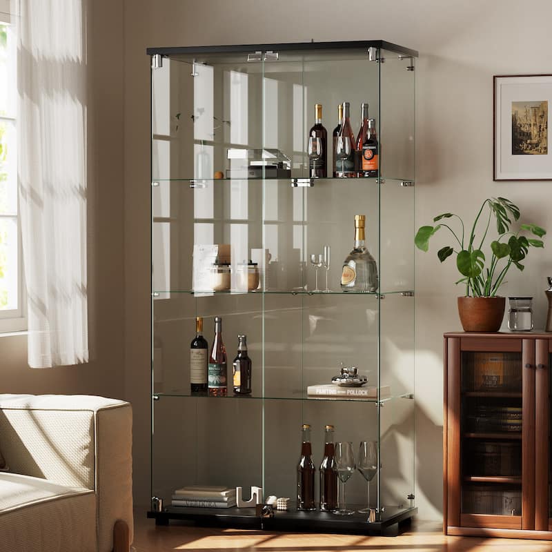 4-Shelf Glass Display Cabinet with Lock, 64"H Freestanding Curio Display Showcase for Collectibles - 32”W x 64"H - Black Top