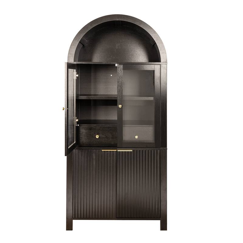 71" Fluted Tall Pantry Cabinet with Arched Glass Door, Hidden Drawer, Wood Display Storage Cabinet with Adjustable Shelves