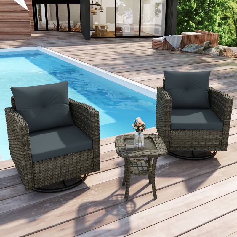 Outdoor Rattan Conversation Swivel Chair Set of 3 with Table - Dark Grey Set