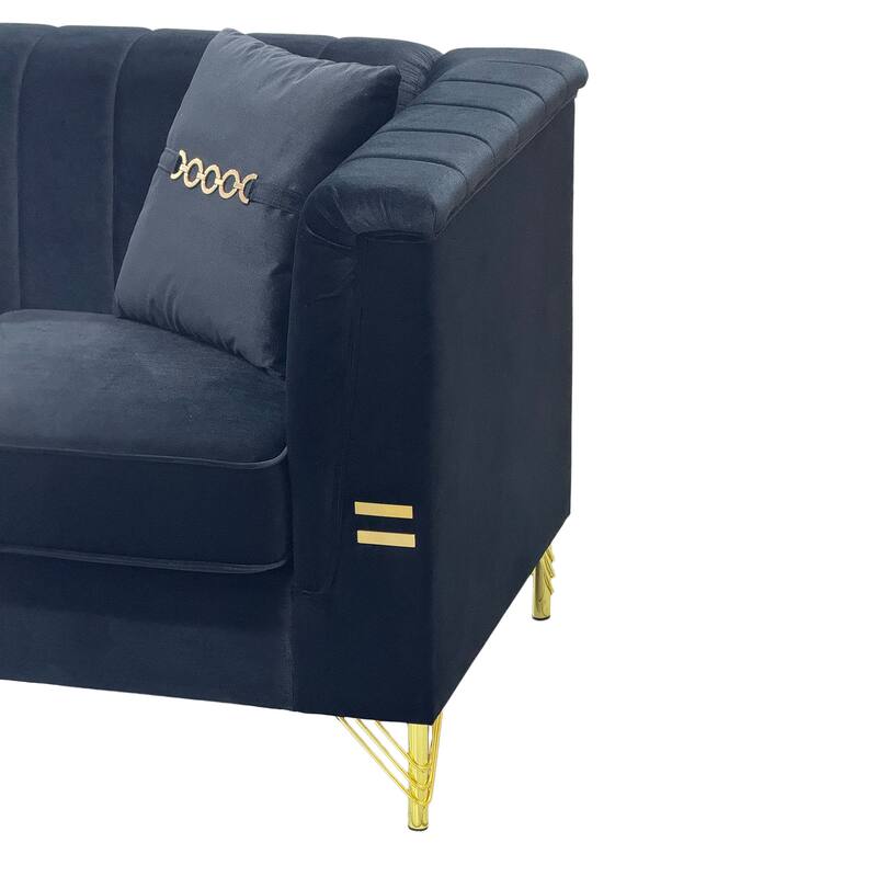 82.67" Modern Velvet 3-Seater Sofa, Vertical Channel Tufted Backrest, Gold Metal Legs, Chesterfield Style