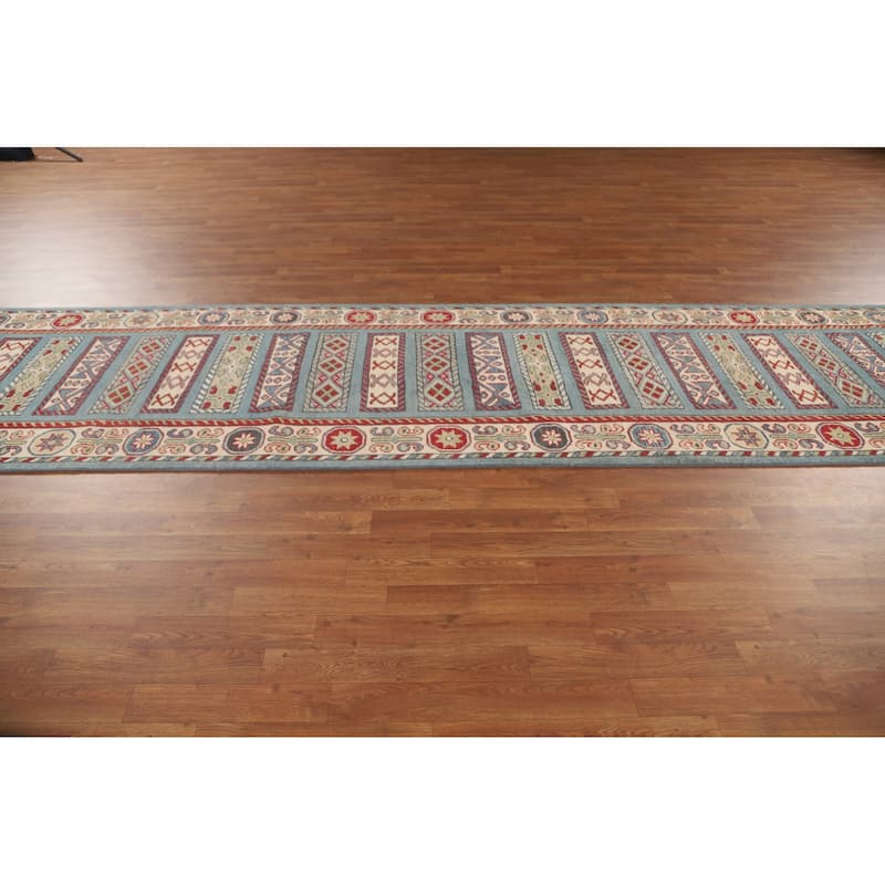 Blue Geometric Kazak Runner Rug Hand-Knotted Traditional Wool Carpet - 3'4" x 16'4"