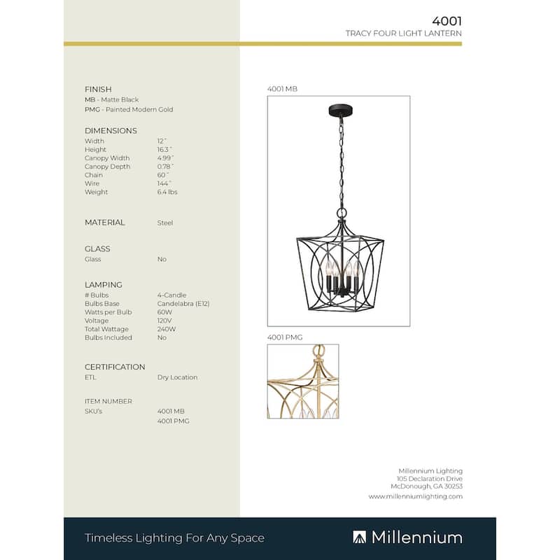 Millennium Lighting Tracy 4 Light Pendant Fixture in Multiple Finishes