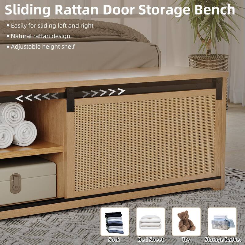 Natural Rattan Bed Frame, with Sliding Barn Door Storage Cabinets