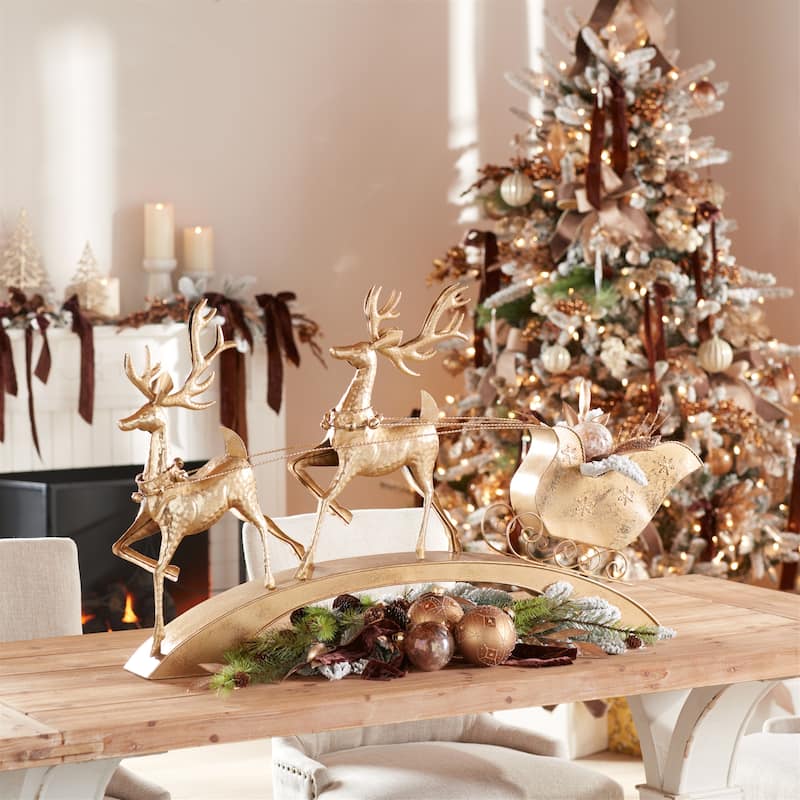 Large Gold Metal Deer with Sleigh Indoor Holiday Accent Decor - 42.5” x 4.75” x 25”