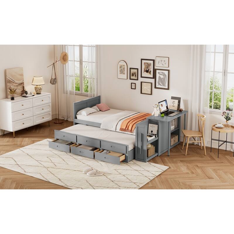 Twin Size Wood Platform Bed with Desk, Storage Shelf, Trundle, and 3 Drawers, Gray