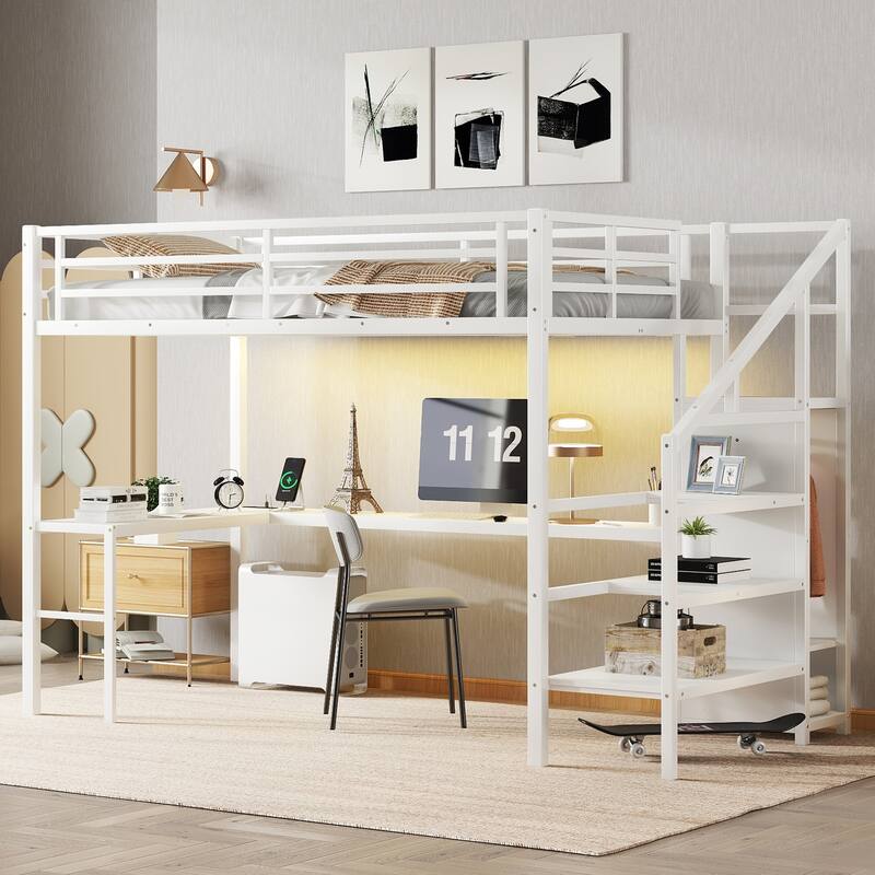 Twin XL Size Loft Bed with L-shaped Desk and USB, Metal Loft Bed with Wardrobe and Adjustable Shelf, High Loft Bed with LED - Milk White
