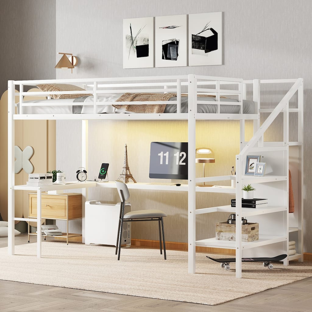 Twin XL Size Loft Bed with L-shaped Desk and USB, Metal Loft Bed with Wardrobe and Adjustable Shelf, High Loft Bed with LED