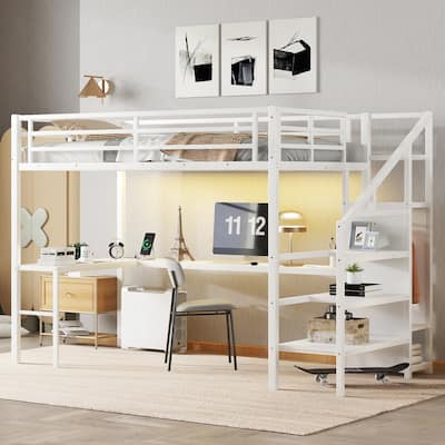 Twin XL Size Metal Loft Bed with L-Shaped Desk, Wardrobe, USB Charging Port, Adjustable Shelf, and LED Lighting