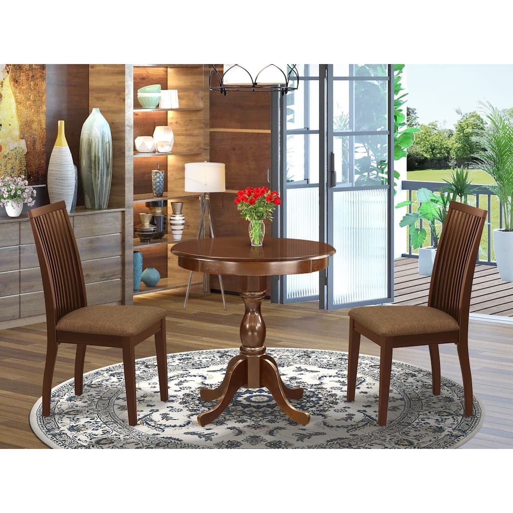 East West Furniture 3 Piece Modern Dining Table Set- a Round Wooden Table with Pedestal and 2 Dining Chairs, (Seat Type Options)