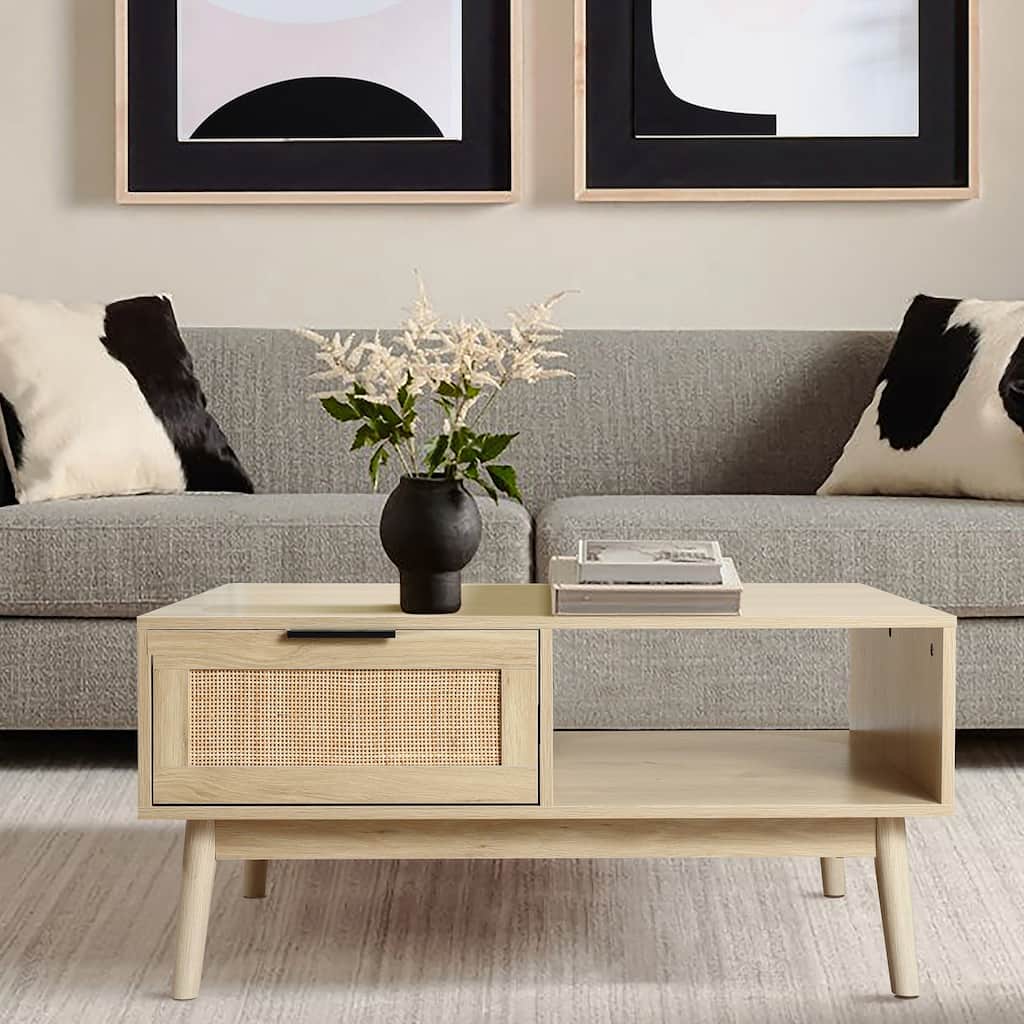 White Oak Finish Wood and Rattan Coffee Table - 17.13" H x 35.43" W x 21.69" D