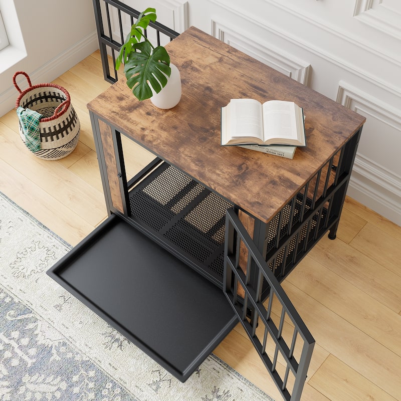 Dog Crate Furniture Wooden Dog Crate Table, 27.48" Dog Kennel with 2 Sliding Doors
