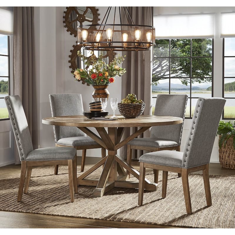 Benchwright Rustic X-Base Round Pine Wood Dining Set with Nail Head Chairs by iNSPIRE Q Artisan - 5-Piece Set - Grey