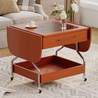 Modern Extended Coffee Table with Wheels, Folding Coffee Table with 1 drawer and 2-Tier Storage for Living Room