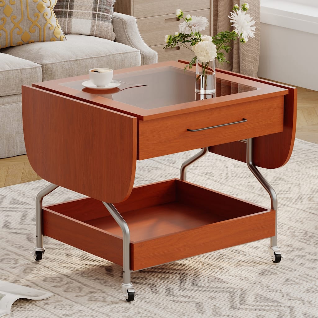 Modern Extended Coffee Table with Wheels, Folding Coffee Table with 1 drawer and 2-Tier Storage for Living Room