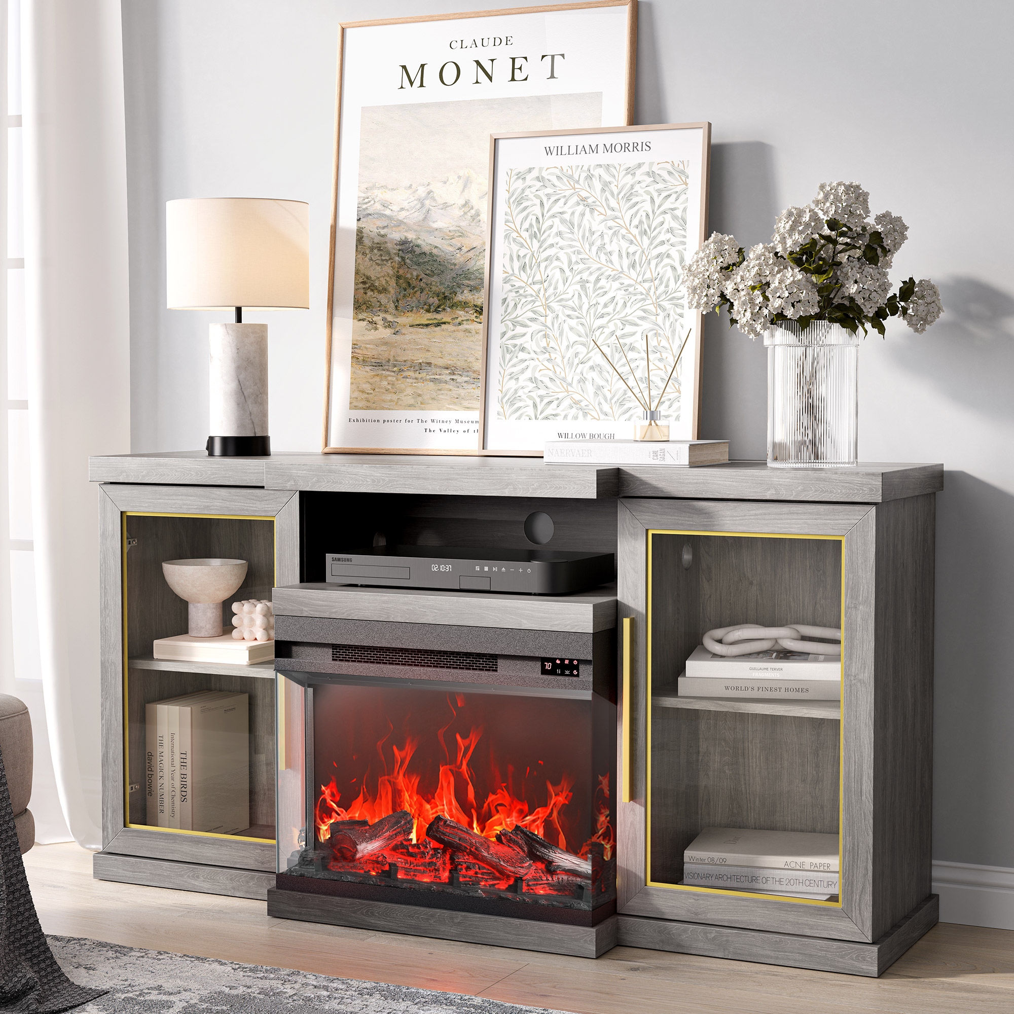Grey electric fireplace tv stand hot sale