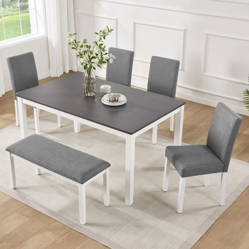6-Piece Dining Set, 58.5" Wooden Dining Table with Bench and 4 Chairs - Grey
