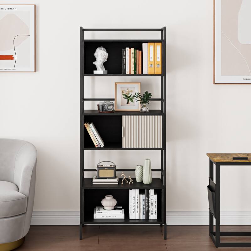 5-Tier Multifunctional Storage Shelf, Closed Back Cabinet with A Sliding Door - Black