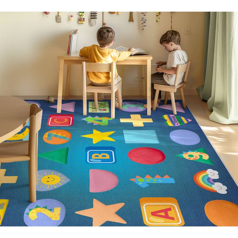 Well Woven Crayola Vibrant Modern Classroom Playroom Kids Rug - 5' x 7' - Educational Numbers & Shapes Blue - Rectangle