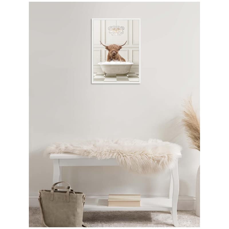 Kate and Laurel Sylvie Highland Cow in Lux Bathtub Framed Canvas by Amy Peterson