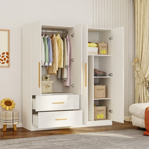 white armoire dresser FUFU&GAGA Wood 59.8 in. W Armoire, Wardrobe, Closet with 4 Drawers, Hanging Bars and Soft-Close Doors for Bedroom Storage and a full 4 Shutter Door Wardrobe Armoire