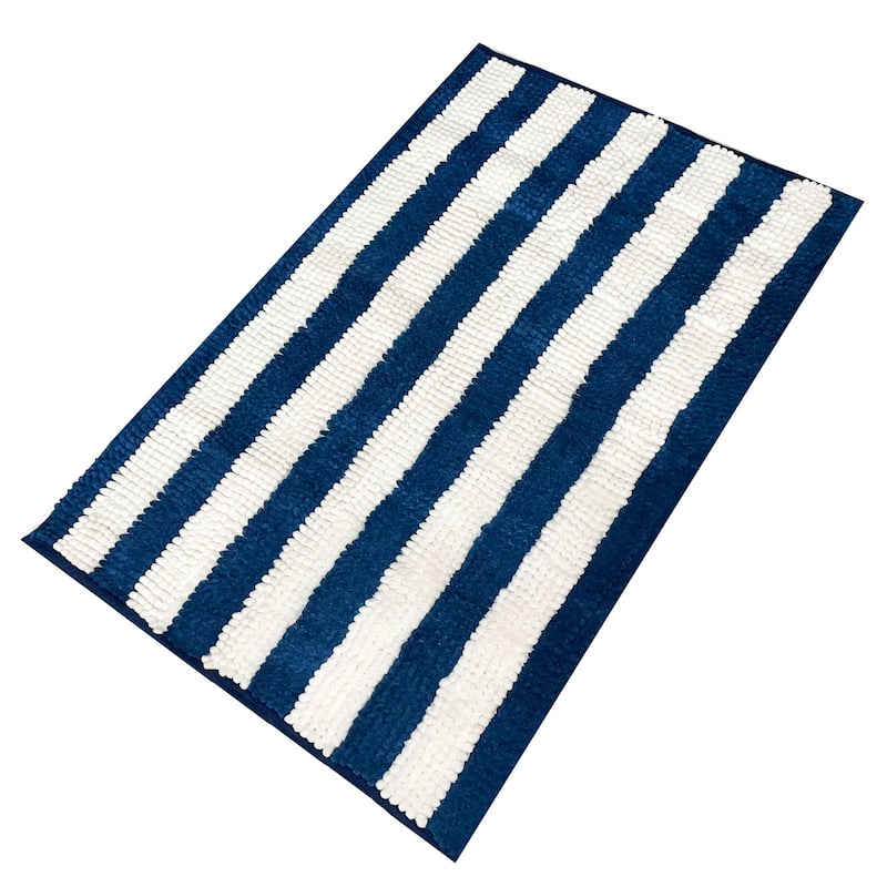 36"x24" - Blue White Stripe Soft Cozy Plush Chenille Bath Mat Bathroom Rug