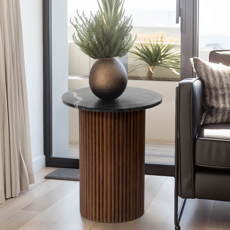 Sagebrook Home Mango Wood & Marble Accent Table with Reeded Base, MDF Support, and Contemporary Cylinder Design