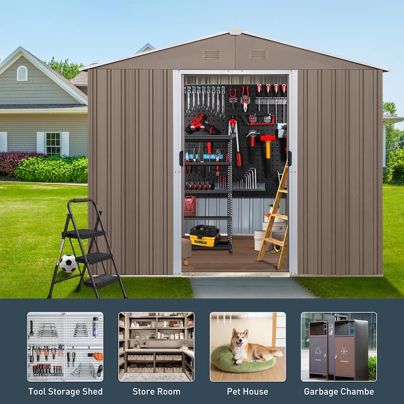 10ft x 8ft Outdoor Metal Storage Shed with Metal Floor Base,with Window,Grey