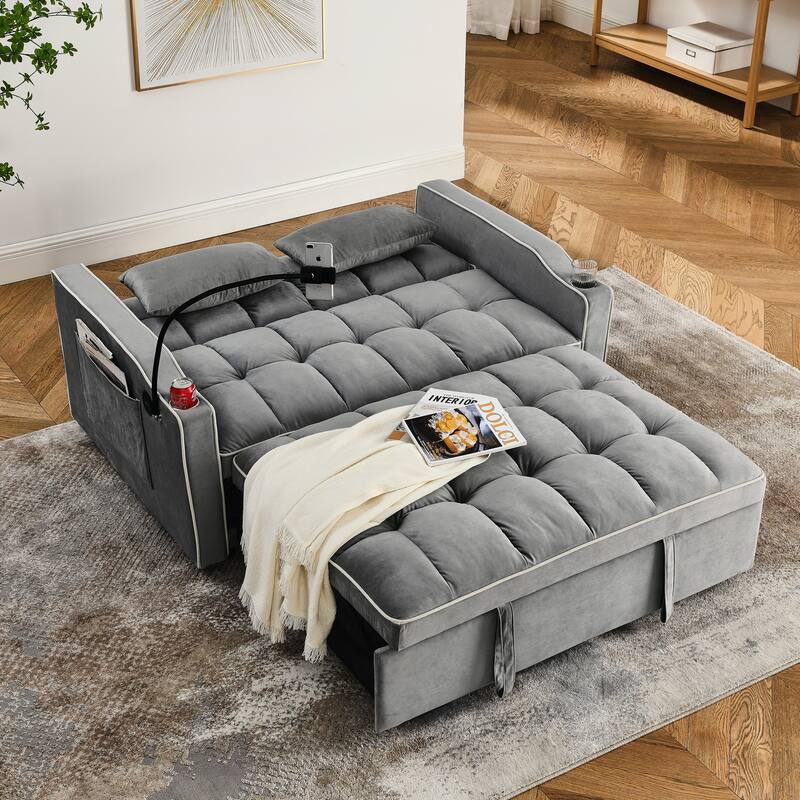 55.51 inch Versatile Foldable Sofa Bed in Grey with Adjustable Back, USB Port, Phone Stand and 2 Pillows