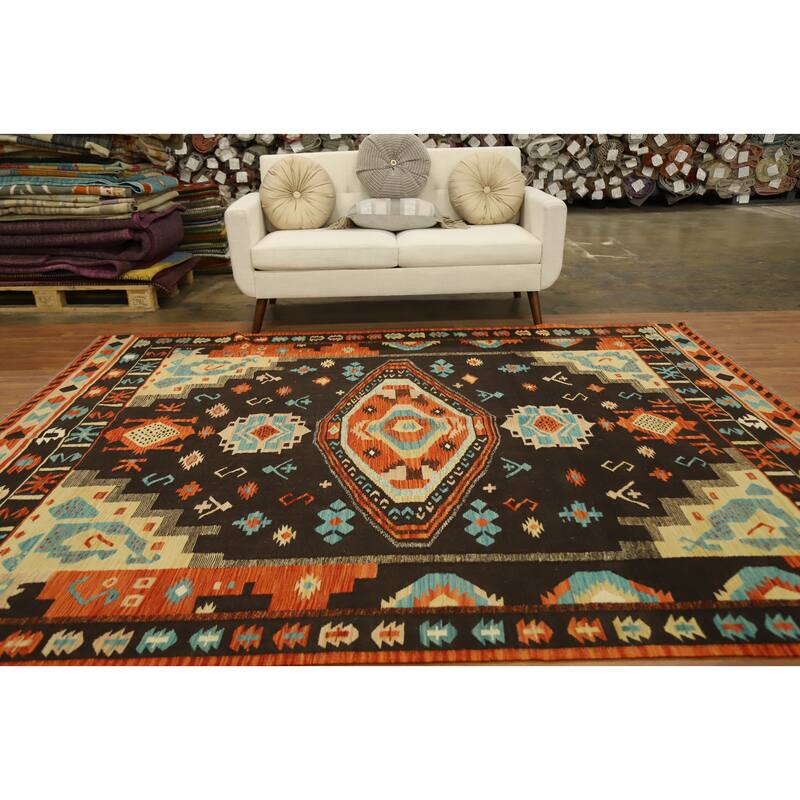 Hand Woven Oriental 100% Wool Carpet Southwestern Tribal Black Kilim Area Rug - 9' 8'' X 8' 1''