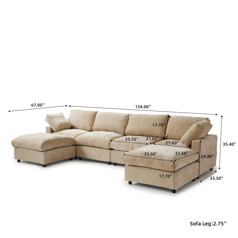 134" Cloud Sectional Couches for Living Room, Convertible U Shape Couch with Ottoman, 6 Seater Modular Sectional Sofa