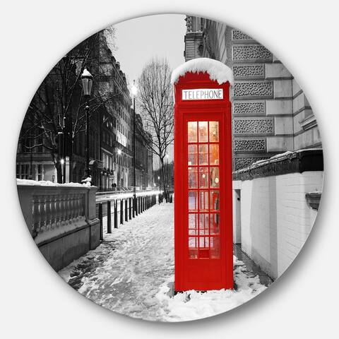 Designart 'Red London Telephone Booth' Cityscape Large Disc Metal Wall art
