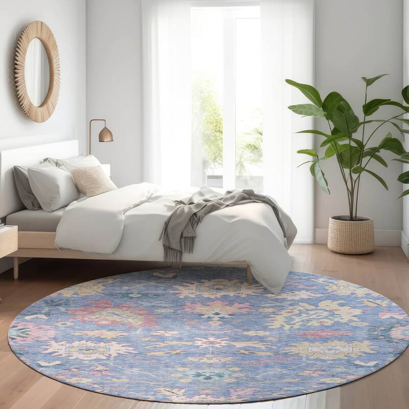 Machine Washable Indoor/ Outdoor Causal Traditional Chantille Rug - Blue - 8' x 8'