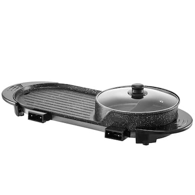 Black Hot Pot and Grill Combo Electric Cooker 2200W with Stepless Heat Control and Non-Stick Coating - 26.78 x 11.14 x 6.46 in