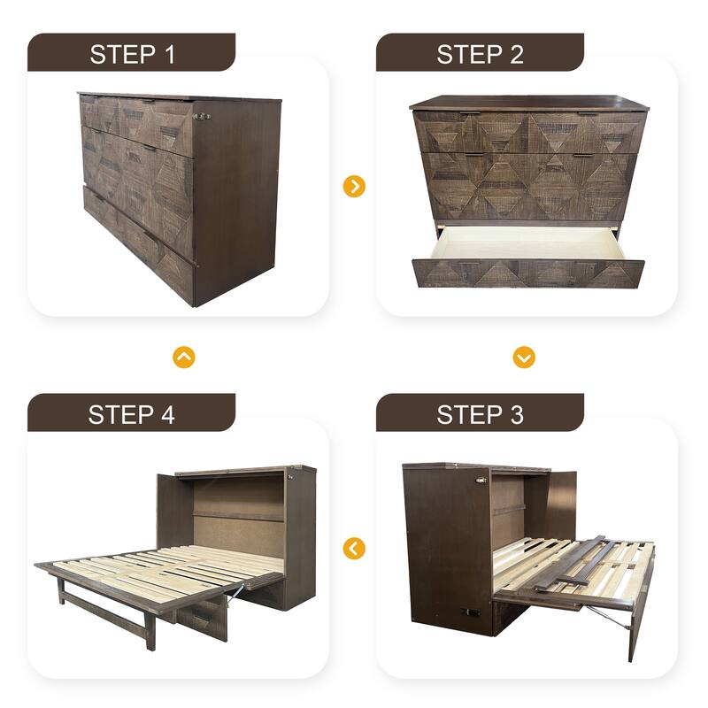 Queen Size Cabinet Murphy Bed with Charging Station and Large Storage Drawer, Geometric Veneer Foldable Murphy Bed