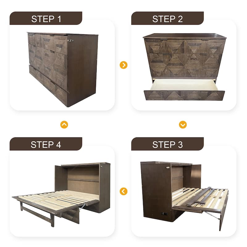 Queen Size Foldable Murphy Cabinet Bed with Geometric Wood Design, Built-In USB Charging Ports & Extra-Large Storage Drawer