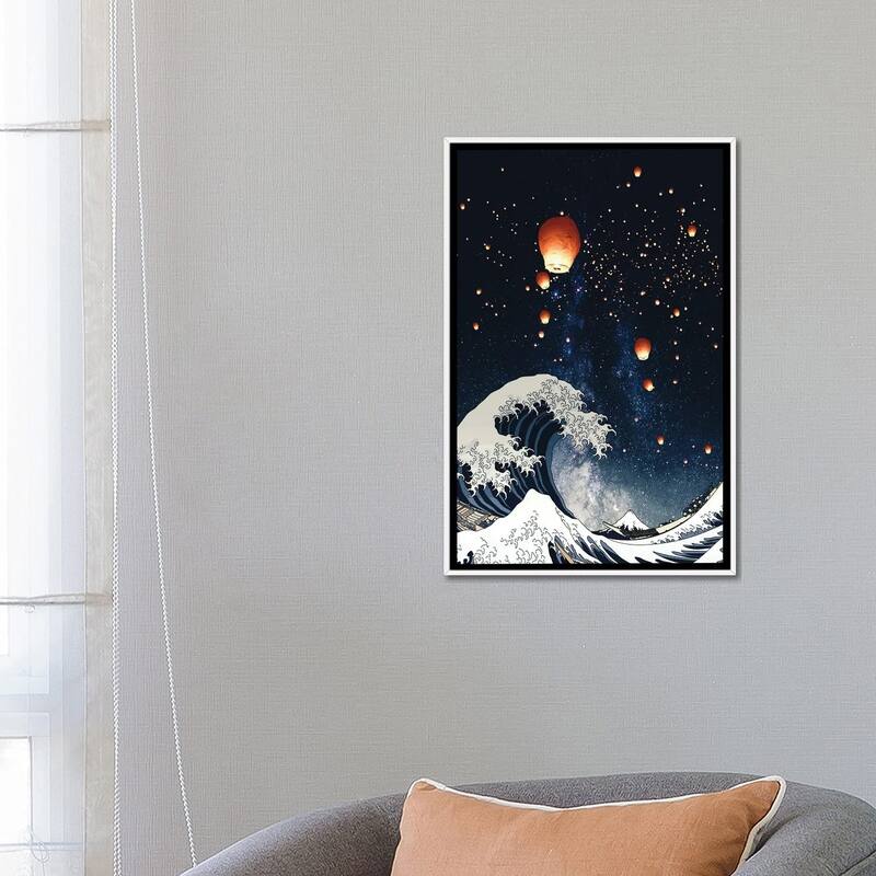 iCanvas "The Big Wave And Japanese Lanterns In Night Sky" by GEN Z Framed Canvas Print