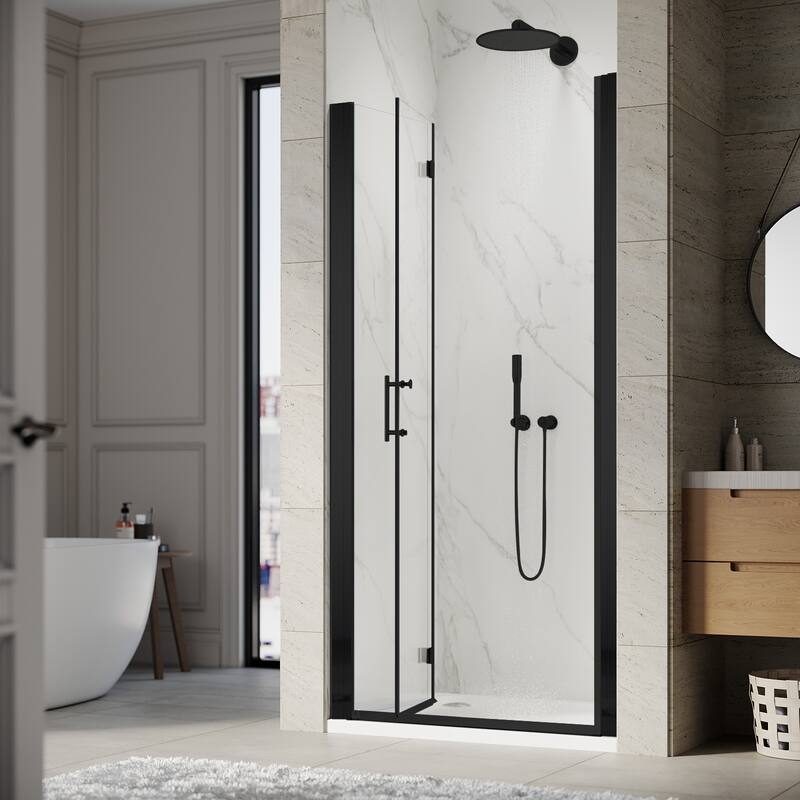 Elegant Bifold Frameless Glass Shower Door Width Adjustable Black Shower Panel Pivot Swing Shower Doors
