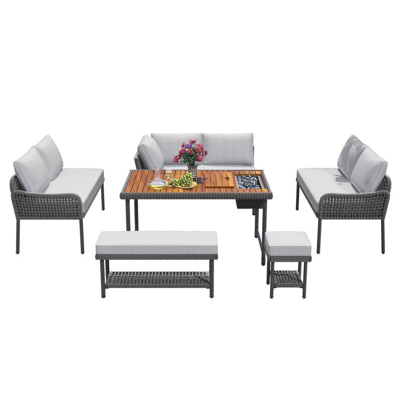 6-Piece Rope Patio Furniture L-Shaped Set,Outdoor Sectional Sofa Set with Acacia Wood Table with Ice Box,Rope Conversation Set