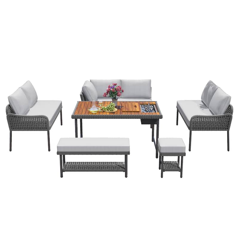 6-Piece Rope Patio L-Shaped Sectional with Acacia Table & Ice Box, Benches & Conversation Set with Thick Cushion