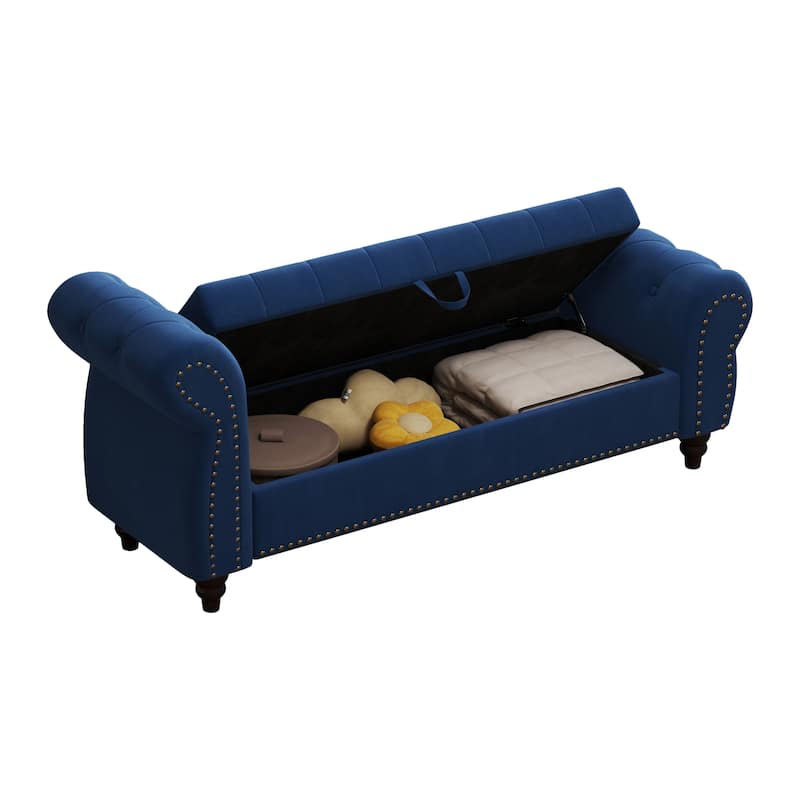 64.5" Bed Bench for Bed Room Nails Tufted Chaise of Lounge with Storage Velvet Upholstery Beige
