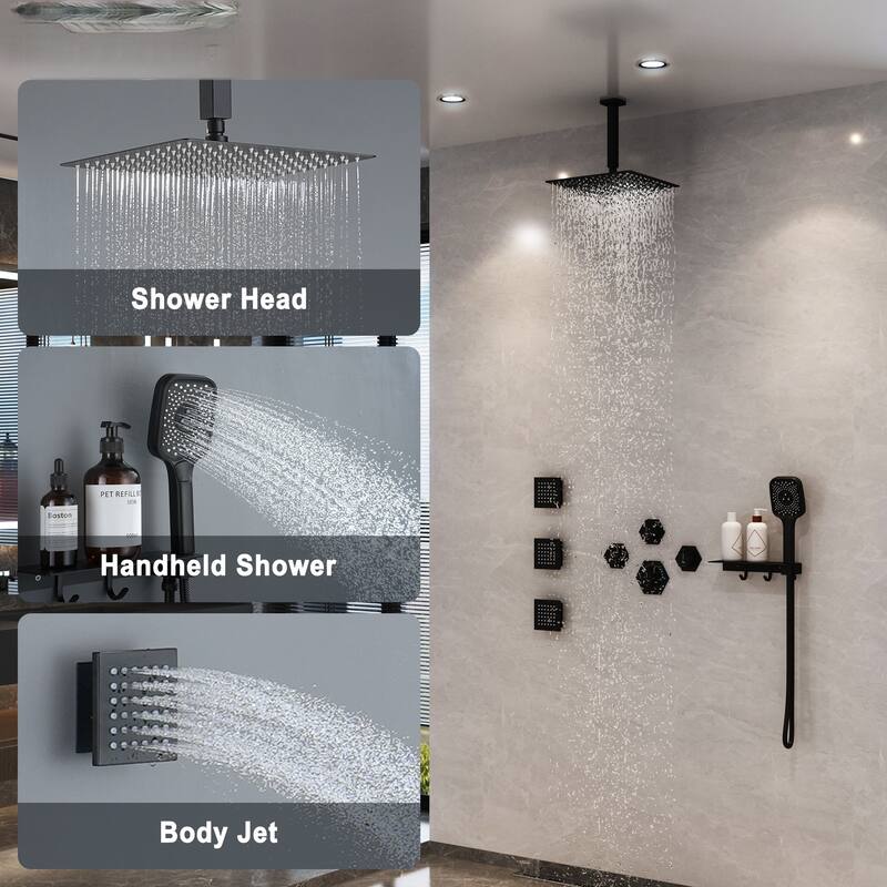 Wall Mounted 12 Inch Thermostatic 3 Functions Luxury Shower System