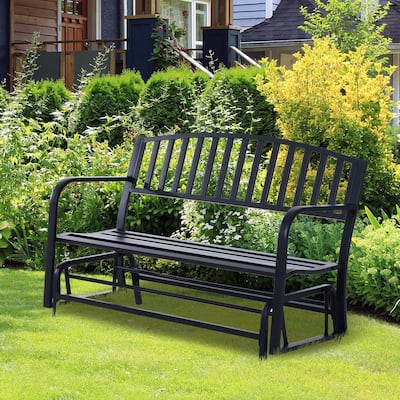 Outsunny Black Steel Outdoor Glider Loveseat Bench