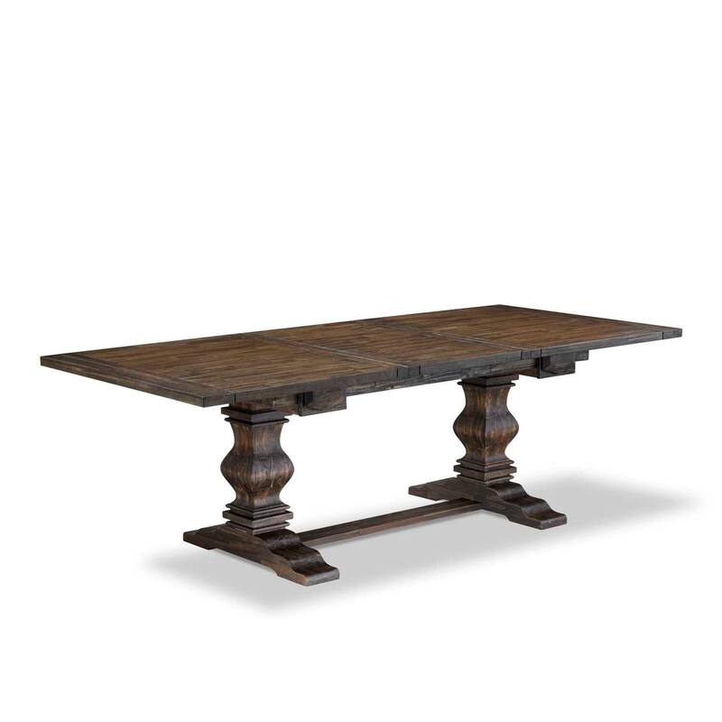 9-Piece Dining Table Set with Linen Accent Chairs - Modern Pedestal Table & Parson Chairs - Distressed Jacobean & Black Finish