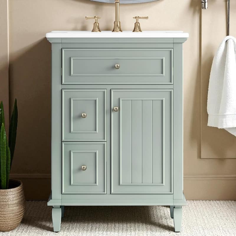 24" Bathroom Vanity with Sink, Flip Drawer, 2 Side Drawers, Solid Wood Frame, Ceramic Top, Freestanding Cabinet - Green
