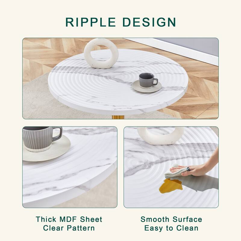 31.5 Inch Elegant White Marble Pattern Round Dining Table - Suction Molding Annular Texture, Durable and Water-Resistant