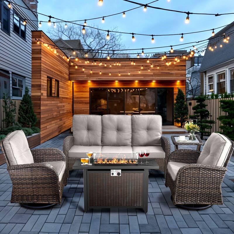 Pocassy Outdoor Fire Pit Conversation Sofa Set - Brwon Wicker Beige Cushion - 5PCS Fire Table w/ Sofa Swivel Chair