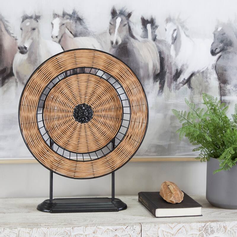 Metal Geometric Wrapped Plate Sculpture with Black Stand - Brown - Roche River Decor - 5"W x 17"L x 21"H
