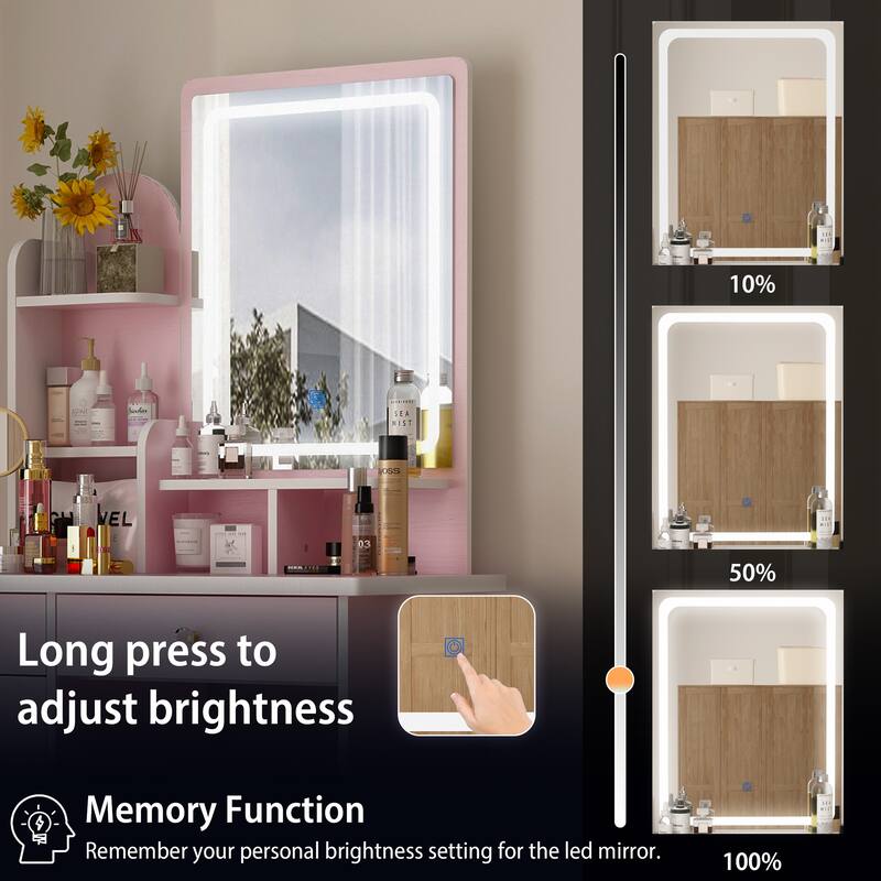 Makeup Vanity Set wi/Lighted Mirror, Storage Shelves and Drawers White - 31.5"L x 15.7"W x 55.1"H